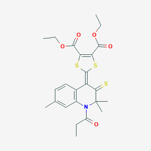 molecular formula C24H27NO5S3 B430044 Diethyl 2-(2,2,7-trimethyl-1-propanoyl-3-sulfanylidenequinolin-4-ylidene)-1,3-dithiole-4,5-dicarboxylate CAS No. 354991-77-8