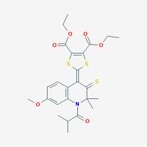 molecular formula C25H29NO6S3 B430048 Diethyl 2-[7-methoxy-2,2-dimethyl-1-(2-methylpropanoyl)-3-sulfanylidenequinolin-4-ylidene]-1,3-dithiole-4,5-dicarboxylate CAS No. 351224-77-6