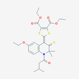 molecular formula C27H33NO6S3 B430053 diethyl 2-(6-ethoxy-2,2-dimethyl-1-(3-methylbutanoyl)-3-thioxo-2,3-dihydro-4(1H)-quinolinylidene)-1,3-dithiole-4,5-dicarboxylate 