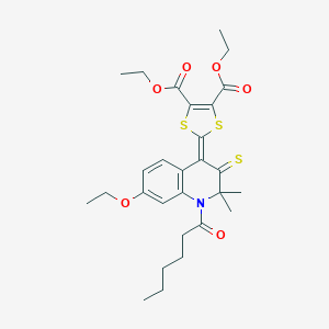 molecular formula C28H35NO6S3 B430056 diethyl 2-(7-ethoxy-1-hexanoyl-2,2-dimethyl-3-thioxo-2,3-dihydro-4(1H)-quinolinylidene)-1,3-dithiole-4,5-dicarboxylate 