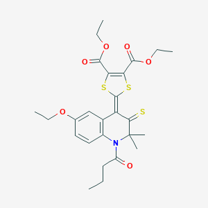 molecular formula C26H31NO6S3 B430064 Diethyl 2-(1-butanoyl-6-ethoxy-2,2-dimethyl-3-sulfanylidenequinolin-4-ylidene)-1,3-dithiole-4,5-dicarboxylate CAS No. 354991-81-4