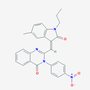 molecular formula C27H22N4O4 B430135 3-{4-nitrophenyl}-2-[(5-methyl-2-oxo-1-propyl-1,2-dihydro-3H-indol-3-ylidene)methyl]-4(3H)-quinazolinone 
