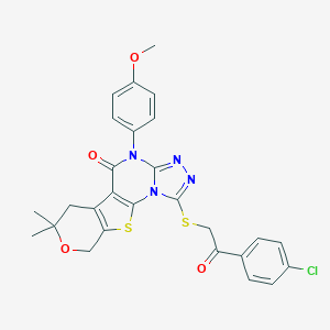 molecular formula C27H23ClN4O4S2 B430137 1-{[2-(4-chlorophenyl)-2-oxoethyl]sulfanyl}-4-(4-methoxyphenyl)-7,7-dimethyl-6,9-dihydro-7H-pyrano[4',3':4,5]thieno[3,2-e][1,2,4]triazolo[4,3-a]pyrimidin-5(4H)-one 