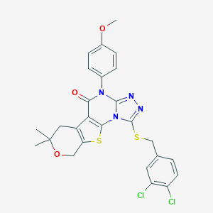 molecular formula C26H22Cl2N4O3S2 B430143 1-[(3,4-dichlorobenzyl)sulfanyl]-4-(4-methoxyphenyl)-7,7-dimethyl-6,9-dihydro-7H-pyrano[4',3':4,5]thieno[3,2-e][1,2,4]triazolo[4,3-a]pyrimidin-5(4H)-one 
