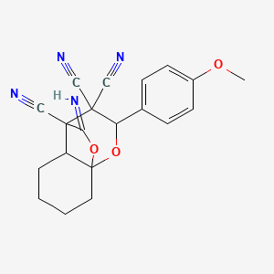 molecular formula C20H18N4O3 B4301512 12-imino-9-(4-methoxyphenyl)-10,11-dioxatricyclo[5.3.2.0~1,6~]dodecane-7,8,8-tricarbonitrile 