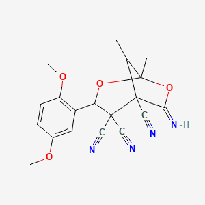 molecular formula C19H18N4O4 B4301525 3-(2,5-dimethoxyphenyl)-6-imino-1,8-dimethyl-2,7-dioxabicyclo[3.2.1]octane-4,4,5-tricarbonitrile 
