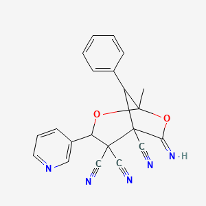 molecular formula C21H15N5O2 B4301528 6-imino-1-methyl-8-phenyl-3-pyridin-3-yl-2,7-dioxabicyclo[3.2.1]octane-4,4,5-tricarbonitrile 