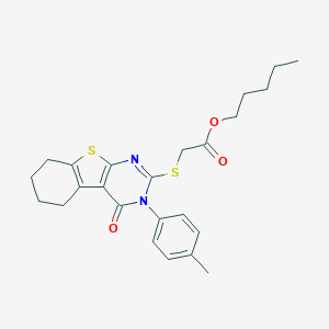 molecular formula C24H28N2O3S2 B430179 Pentyl {[3-(4-methylphenyl)-4-oxo-3,4,5,6,7,8-hexahydro[1]benzothieno[2,3-d]pyrimidin-2-yl]sulfanyl}acetate 
