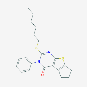 molecular formula C21H24N2OS2 B430187 2-(hexylsulfanyl)-3-phenyl-3,5,6,7-tetrahydro-4H-cyclopenta[4,5]thieno[2,3-d]pyrimidin-4-one 