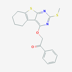 molecular formula C19H18N2O2S2 B430188 2-{[2-(Methylsulfanyl)-5,6,7,8-tetrahydro[1]benzothieno[2,3-d]pyrimidin-4-yl]oxy}-1-phenylethanone 