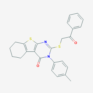 molecular formula C25H22N2O2S2 B430189 3-(4-Methylphenyl)-2-phenacylsulfanyl-5,6,7,8-tetrahydro-[1]benzothiolo[2,3-d]pyrimidin-4-one CAS No. 332393-05-2