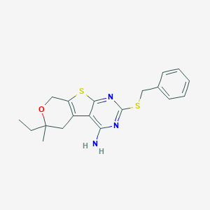 molecular formula C19H21N3OS2 B430195 2-(benzylsulfanyl)-6-ethyl-6-methyl-5,8-dihydro-6H-pyrano[4',3':4,5]thieno[2,3-d]pyrimidin-4-ylamine CAS No. 354992-59-9