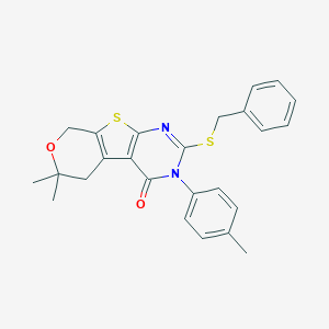 2-(benzylsulfanyl)-6,6-dimethyl-3-(4-methylphenyl)-3,5,6,8-tetrahydro-4H-pyrano[4',3':4,5]thieno[2,3-d]pyrimidin-4-one