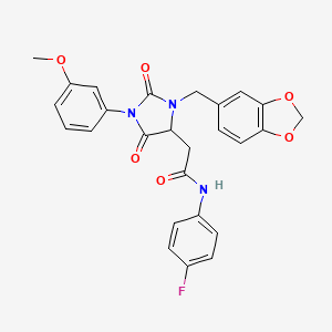 2-[3-(1,3-benzodioxol-5-ylmethyl)-1-(3-methoxyphenyl)-2,5-dioxoimidazolidin-4-yl]-N-(4-fluorophenyl)acetamide