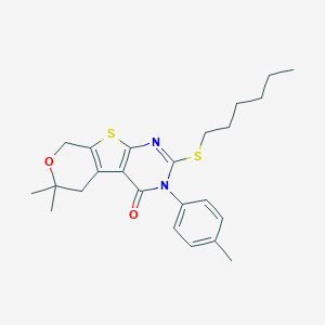 2-(hexylsulfanyl)-6,6-dimethyl-3-(4-methylphenyl)-3,5,6,8-tetrahydro-4H-pyrano[4',3':4,5]thieno[2,3-d]pyrimidin-4-one