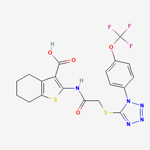 molecular formula C19H16F3N5O4S2 B4302566 2-{[({1-[4-(trifluoromethoxy)phenyl]-1H-tetrazol-5-yl}thio)acetyl]amino}-4,5,6,7-tetrahydro-1-benzothiophene-3-carboxylic acid 