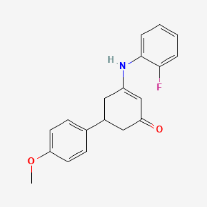 molecular formula C19H18FNO2 B4302572 3-[(2-fluorophenyl)amino]-5-(4-methoxyphenyl)cyclohex-2-en-1-one 