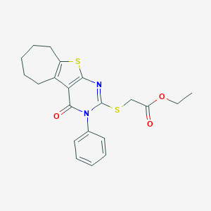 molecular formula C21H22N2O3S2 B430259 ethyl [(4-oxo-3-phenyl-3,5,6,7,8,9-hexahydro-4H-cyclohepta[4,5]thieno[2,3-d]pyrimidin-2-yl)sulfanyl]acetate 
