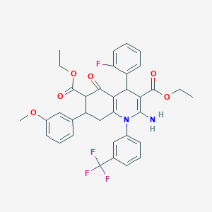 diethyl 2-amino-4-(2-fluorophenyl)-7-(3-methoxyphenyl)-5-oxo-1-[3-(trifluoromethyl)phenyl]-1,4,5,6,7,8-hexahydroquinoline-3,6-dicarboxylate