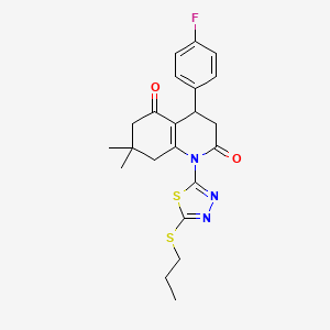 molecular formula C22H24FN3O2S2 B4302622 4-(4-fluorophenyl)-7,7-dimethyl-1-[5-(propylthio)-1,3,4-thiadiazol-2-yl]-4,6,7,8-tetrahydroquinoline-2,5(1H,3H)-dione 
