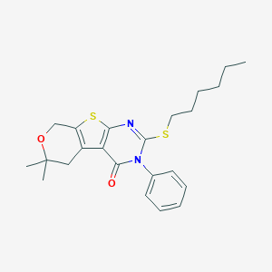 molecular formula C23H28N2O2S2 B430275 2-(hexylsulfanyl)-6,6-dimethyl-3-phenyl-3,5,6,8-tetrahydro-4H-pyrano[4',3':4,5]thieno[2,3-d]pyrimidin-4-one 