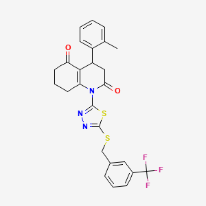 molecular formula C26H22F3N3O2S2 B4302963 4-(2-methylphenyl)-1-(5-{[3-(trifluoromethyl)benzyl]thio}-1,3,4-thiadiazol-2-yl)-4,6,7,8-tetrahydroquinoline-2,5(1H,3H)-dione 
