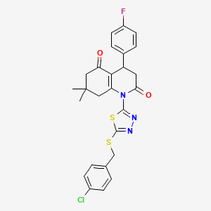 molecular formula C26H23ClFN3O2S2 B4303062 1-{5-[(4-chlorobenzyl)thio]-1,3,4-thiadiazol-2-yl}-4-(4-fluorophenyl)-7,7-dimethyl-4,6,7,8-tetrahydroquinoline-2,5(1H,3H)-dione 