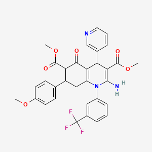 molecular formula C32H28F3N3O6 B4303142 dimethyl 2-amino-7-(4-methoxyphenyl)-5-oxo-4-pyridin-3-yl-1-[3-(trifluoromethyl)phenyl]-1,4,5,6,7,8-hexahydroquinoline-3,6-dicarboxylate 