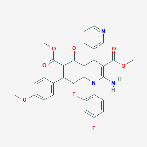 dimethyl 2-amino-1-(2,4-difluorophenyl)-7-(4-methoxyphenyl)-5-oxo-4-pyridin-3-yl-1,4,5,6,7,8-hexahydroquinoline-3,6-dicarboxylate