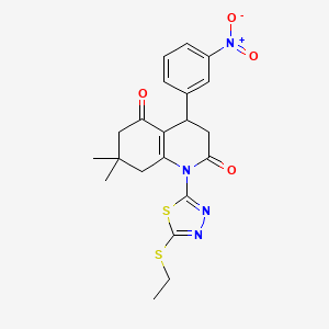 molecular formula C21H22N4O4S2 B4303186 1-[5-(ethylthio)-1,3,4-thiadiazol-2-yl]-7,7-dimethyl-4-(3-nitrophenyl)-4,6,7,8-tetrahydroquinoline-2,5(1H,3H)-dione 