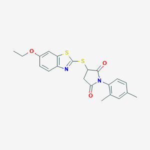 molecular formula C21H20N2O3S2 B430339 1-(2,4-Dimethylphenyl)-3-[(6-ethoxy-1,3-benzothiazol-2-yl)sulfanyl]pyrrolidine-2,5-dione CAS No. 354993-71-8