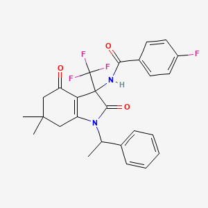 molecular formula C26H24F4N2O3 B4303536 N-[6,6-dimethyl-2,4-dioxo-1-(1-phenylethyl)-3-(trifluoromethyl)-2,3,4,5,6,7-hexahydro-1H-indol-3-yl]-4-fluorobenzamide 