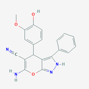 molecular formula C20H16N4O3 B430390 6-Amino-4-(4-hydroxy-3-methoxyphenyl)-3-phenyl-1,4-dihydropyrano[2,3-c]pyrazole-5-carbonitrile 