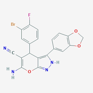 molecular formula C20H12BrFN4O3 B430393 6-Amino-3-(1,3-benzodioxol-5-yl)-4-(3-bromo-4-fluorophenyl)-1,4-dihydropyrano[2,3-c]pyrazole-5-carbonitrile 