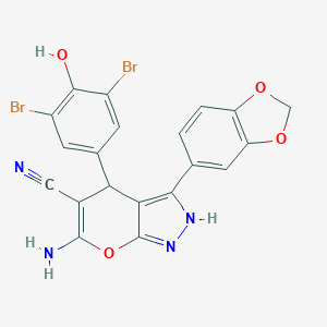 molecular formula C20H12Br2N4O4 B430394 6-Amino-3-(1,3-benzodioxol-5-yl)-4-(3,5-dibromo-4-hydroxyphenyl)-1,4-dihydropyrano[2,3-c]pyrazole-5-carbonitrile 