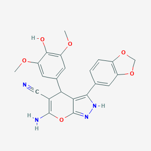 molecular formula C22H18N4O6 B430399 6-Amino-3-(1,3-benzodioxol-5-yl)-4-(4-hydroxy-3,5-dimethoxyphenyl)-1,4-dihydropyrano[2,3-c]pyrazole-5-carbonitrile 