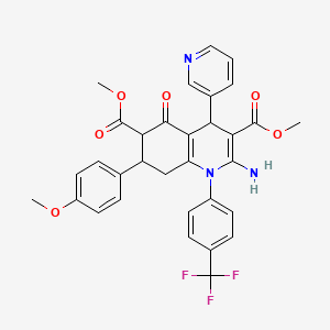 molecular formula C32H28F3N3O6 B4303993 dimethyl 2-amino-7-(4-methoxyphenyl)-5-oxo-4-pyridin-3-yl-1-[4-(trifluoromethyl)phenyl]-1,4,5,6,7,8-hexahydroquinoline-3,6-dicarboxylate 