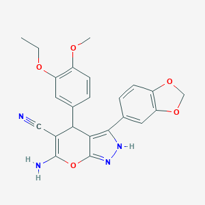 molecular formula C23H20N4O5 B430400 6-Amino-3-(1,3-benzodioxol-5-yl)-4-(3-ethoxy-4-methoxyphenyl)-1,4-dihydropyrano[2,3-c]pyrazole-5-carbonitrile 