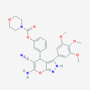 molecular formula C27H27N5O7 B430401 3-(6-Amino-5-cyano-3-(3,4,5-tris(methyloxy)phenyl)-1,4-dihydropyrano[2,3-c]pyrazol-4-yl)phenyl morpholine-4-carboxylate 