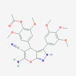 molecular formula C26H26N4O8 B430411 4-[6-Amino-5-cyano-3-(3,4,5-trimethoxyphenyl)-1,4-dihydropyrano[2,3-c]pyrazol-4-yl]-2,6-dimethoxyphenyl acetate 