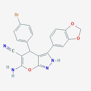 molecular formula C20H13BrN4O3 B430415 6-Amino-3-(1,3-benzodioxol-5-yl)-4-(4-bromophenyl)-1,4-dihydropyrano[2,3-c]pyrazole-5-carbonitrile 