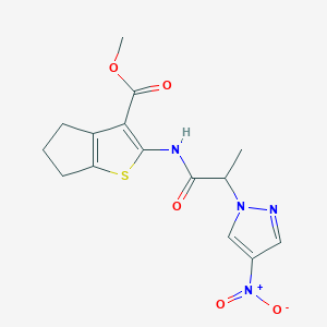 molecular formula C15H16N4O5S B4304152 methyl 2-{[2-(4-nitro-1H-pyrazol-1-yl)propanoyl]amino}-5,6-dihydro-4H-cyclopenta[b]thiophene-3-carboxylate 