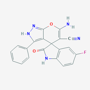molecular formula C20H12FN5O2 B430426 6-amino-5-cyano-5'-fluoro-2'-oxo-3-phenyl-1,1',3',4-tetrahydrospiro(pyrano[2,3-c]pyrazole-4,3'-[2'H]-indole) 