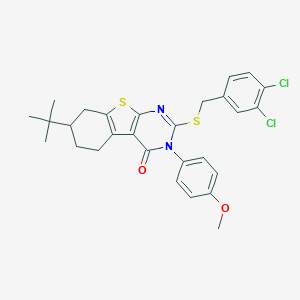molecular formula C28H28Cl2N2O2S2 B430433 7-tert-butyl-2-[(3,4-dichlorobenzyl)sulfanyl]-3-(4-methoxyphenyl)-5,6,7,8-tetrahydro[1]benzothieno[2,3-d]pyrimidin-4(3H)-one 