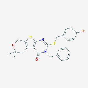 molecular formula C25H23BrN2O2S2 B430443 3-benzyl-2-[(4-bromobenzyl)sulfanyl]-6,6-dimethyl-3,5,6,8-tetrahydro-4H-pyrano[4',3':4,5]thieno[2,3-d]pyrimidin-4-one 