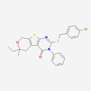 molecular formula C25H23BrN2O2S2 B430445 2-[(4-bromobenzyl)sulfanyl]-6-ethyl-6-methyl-3-phenyl-3,5,6,8-tetrahydro-4H-pyrano[4',3':4,5]thieno[2,3-d]pyrimidin-4-one 