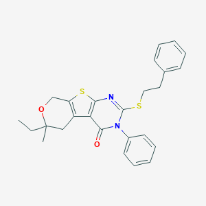 molecular formula C26H26N2O2S2 B430446 6-ethyl-6-methyl-3-phenyl-2-[(2-phenylethyl)sulfanyl]-3,5,6,8-tetrahydro-4H-pyrano[4',3':4,5]thieno[2,3-d]pyrimidin-4-one 
