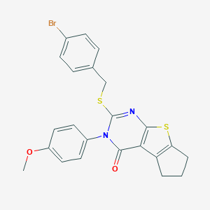 molecular formula C23H19BrN2O2S2 B430447 2-[(4-bromobenzyl)sulfanyl]-3-(4-methoxyphenyl)-3,5,6,7-tetrahydro-4H-cyclopenta[4,5]thieno[2,3-d]pyrimidin-4-one 