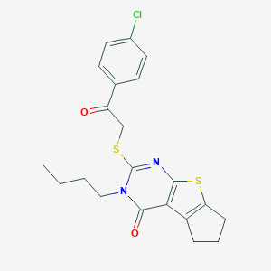 molecular formula C21H21ClN2O2S2 B430449 3-butyl-2-{[2-(4-chlorophenyl)-2-oxoethyl]sulfanyl}-3,5,6,7-tetrahydro-4H-cyclopenta[4,5]thieno[2,3-d]pyrimidin-4-one 