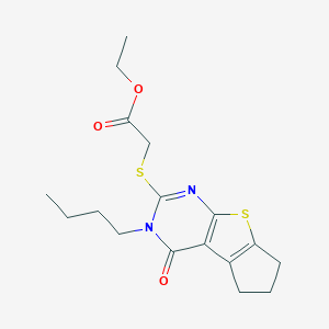 molecular formula C17H22N2O3S2 B430450 ethyl [(3-butyl-4-oxo-3,5,6,7-tetrahydro-4H-cyclopenta[4,5]thieno[2,3-d]pyrimidin-2-yl)sulfanyl]acetate 